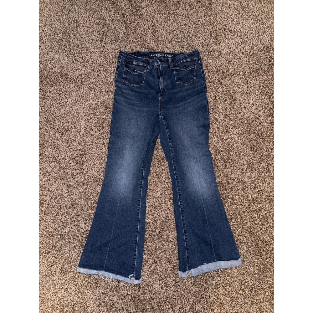 American Eagle High Waisted Flare Jeans Blue Raw Hem Med Wash 10 Short Stretch